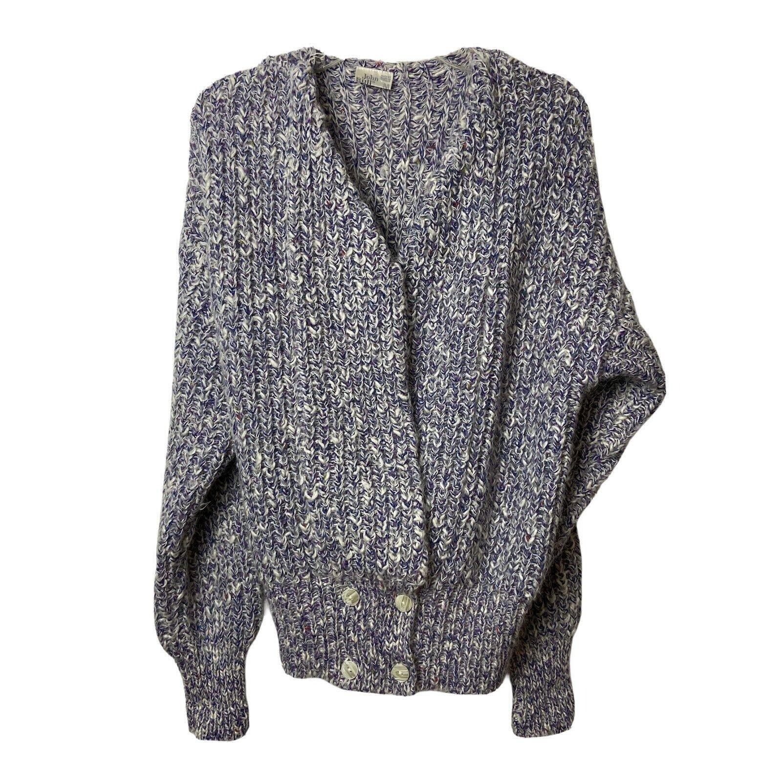Vintage 80s John Bull Cardigan Sweater M Purple White Marled Wool Mohair Blend
